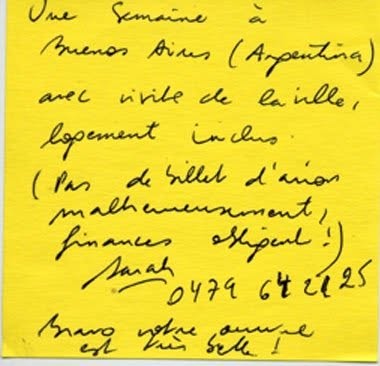 Post-it de proposition de troc, Truc Troc Exhibition 2004, Bozar, Bruxelles, le 16 octobre 2004.