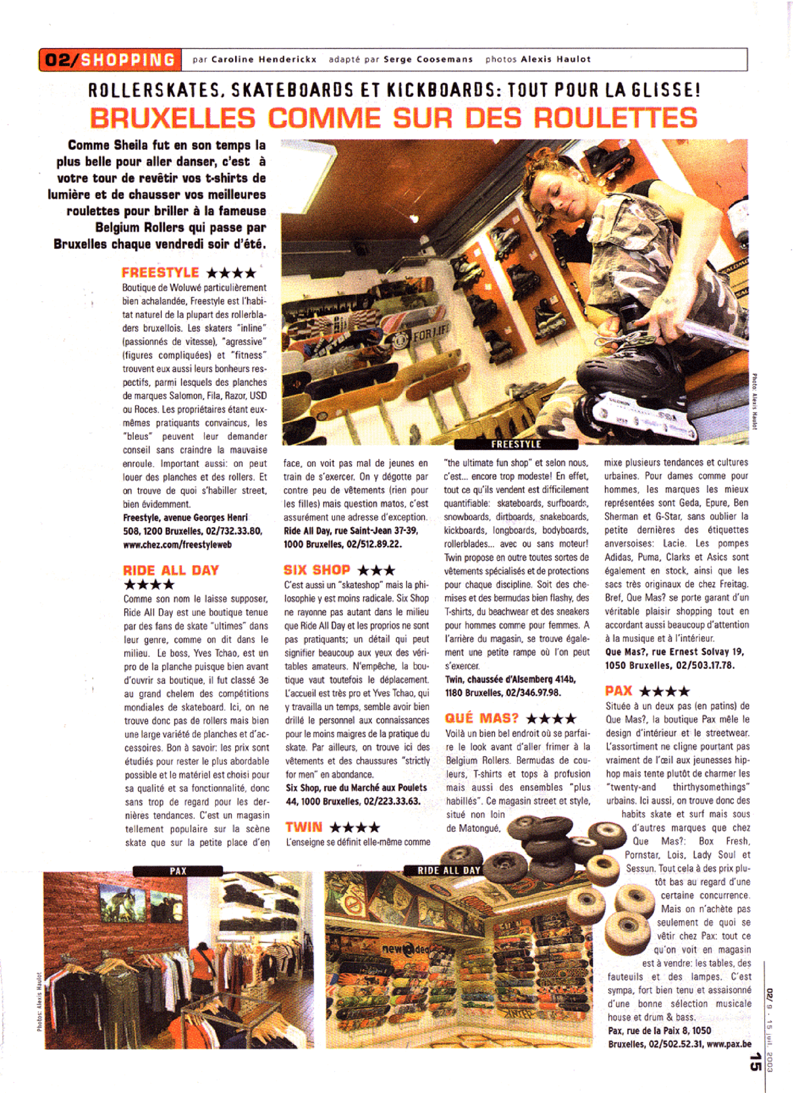 Press article, July 15, 2002. Clipping from Zone 02 magazine featuring several specialized stores (Freestyle, Ride All Day, Six Shop, Twin, Qué Mas?, Pax), illustrated by Alexis Haulot's photos showing shop interiors and technical equipment.