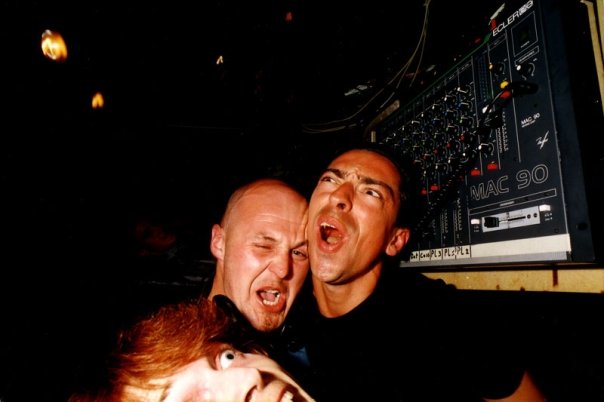 Carl De Moncharline and C.J. Bolland, aka Mister Bolan, behind the Fuse DJ booth; at the bottom of the frame, photographer Frédéric Leemans pulls a face.