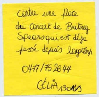 Post-it de proposition de troc, Truc Troc Exhibition 2004, Bozar, Bruxelles, le 16 octobre 2004.