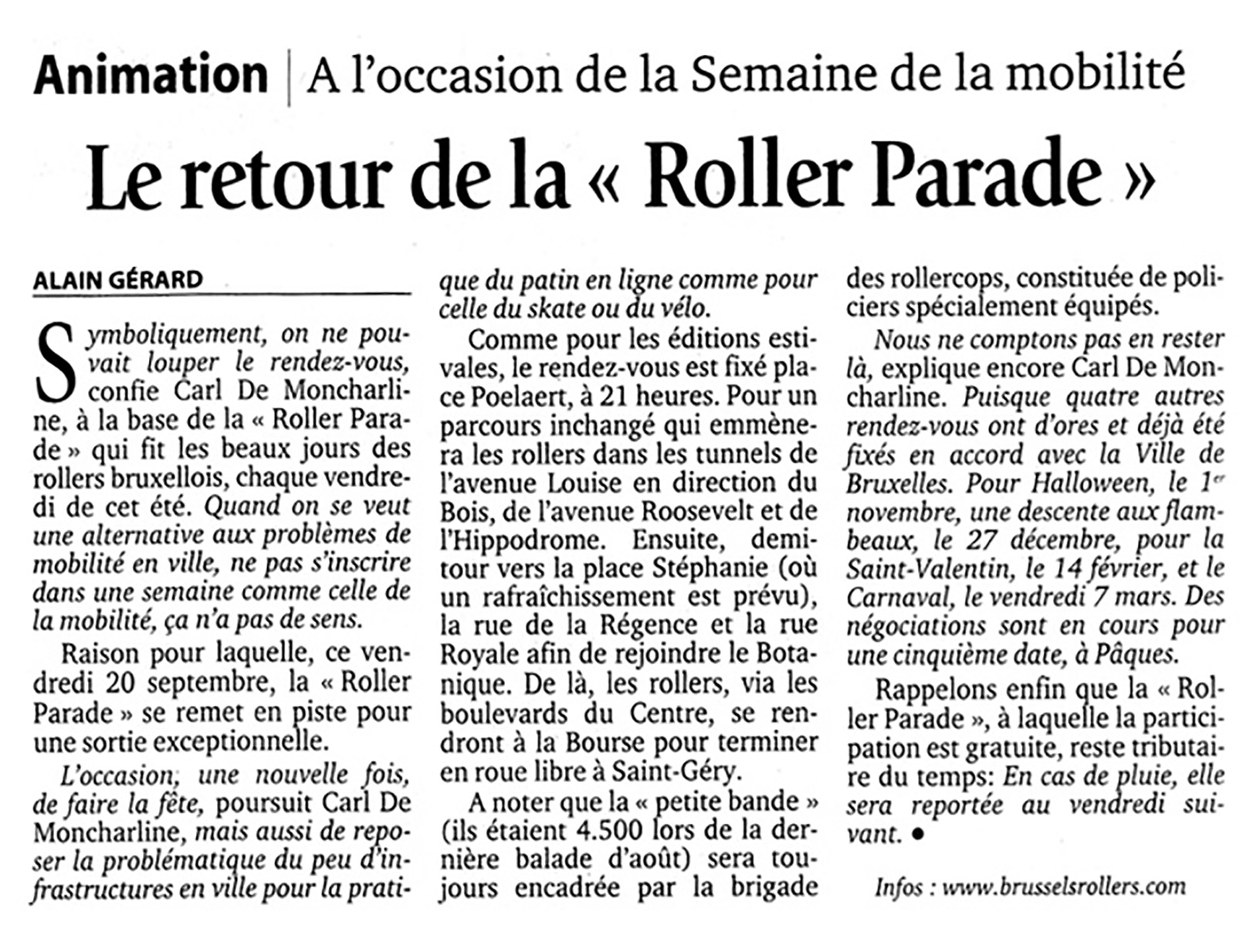 Press clipping, Le Soir, September 2002. Article by Alain Gérard illustrating the Roller Parade program.