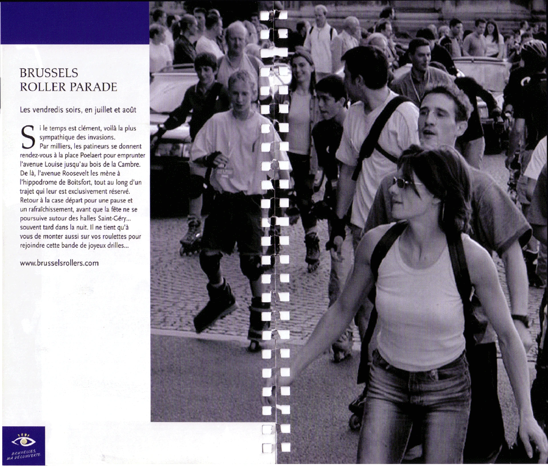 Brochure, 07/2002. Black and white double-page scan showing skaters at Place Poelaert, illustrating an informative text on urban tours.