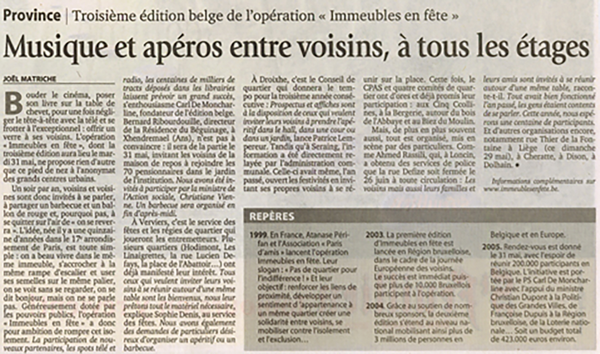 Le Soir (Province pages — Liège), Saturday 21 May 2005. By-line: Joël Matriche. "Repères" box: 1999, 2003, 2004, 2005.