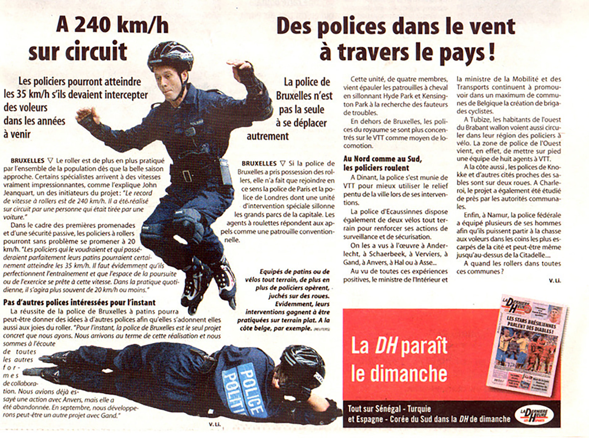 La Dernière Heure, June 22, 2002. Press clipping showing a Brussels police officer on rollerblades performing a jump, with a second officer on the ground in the background.