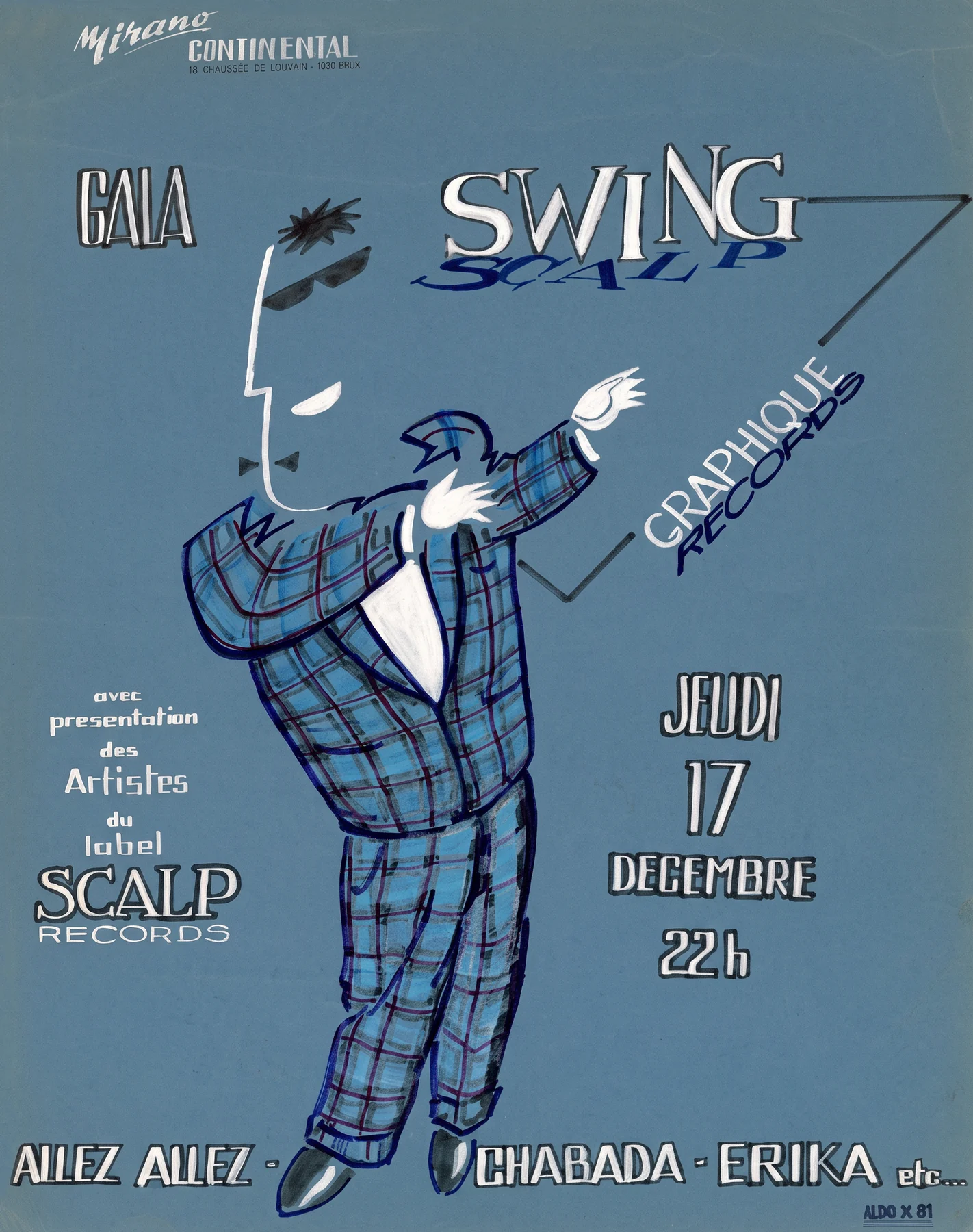 Mirano Continental, jeudi 17 décembre 1981 : Gala Swing Scalp, Graphique Records, avec Allez Allez, Chabada et Erika. Signé « Aldo X 81 ».