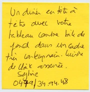 Post-it de proposition de troc, Truc Troc Exhibition 2004, Bozar, Bruxelles, le 16 octobre 2004.