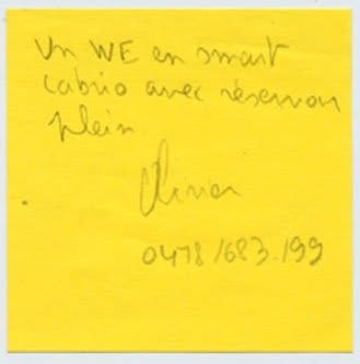 Post-it de proposition de troc, Truc Troc Exhibition 2004, Bozar, Bruxelles, le 16 octobre 2004.