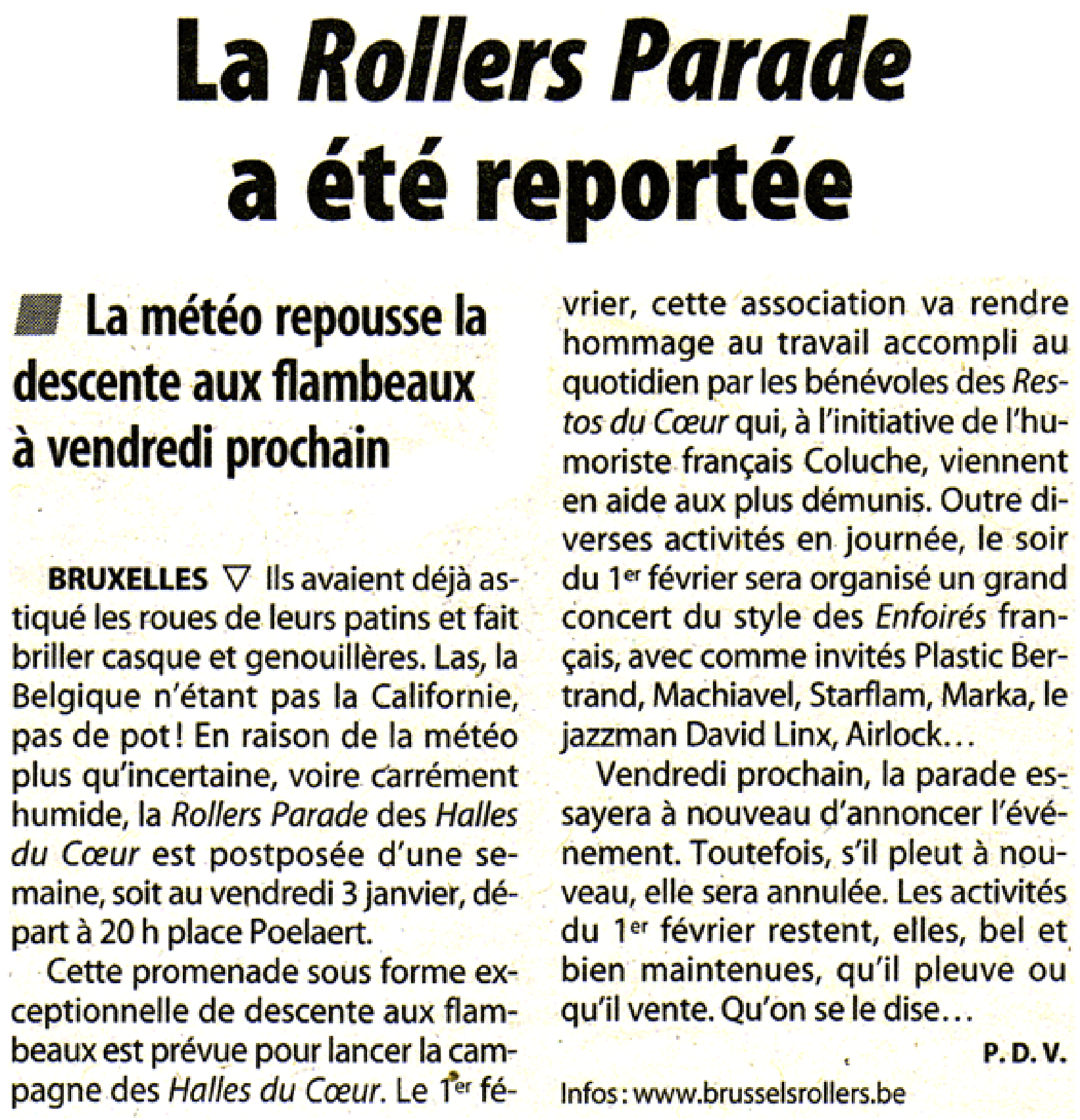 La Dernière Heure, December 2002. Clipping announcing the postponement of the Halles du Cœur Rollers Parade.