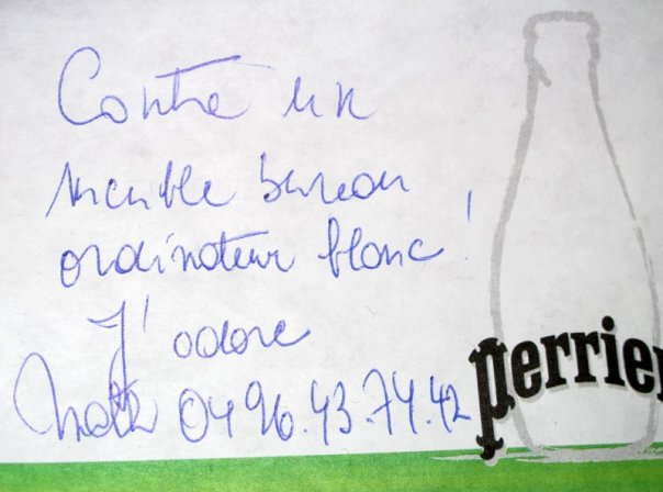 Post-it de proposition de troc, Art Truc Troc, Bozar, Bruxelles, le 31 janvier 2009.