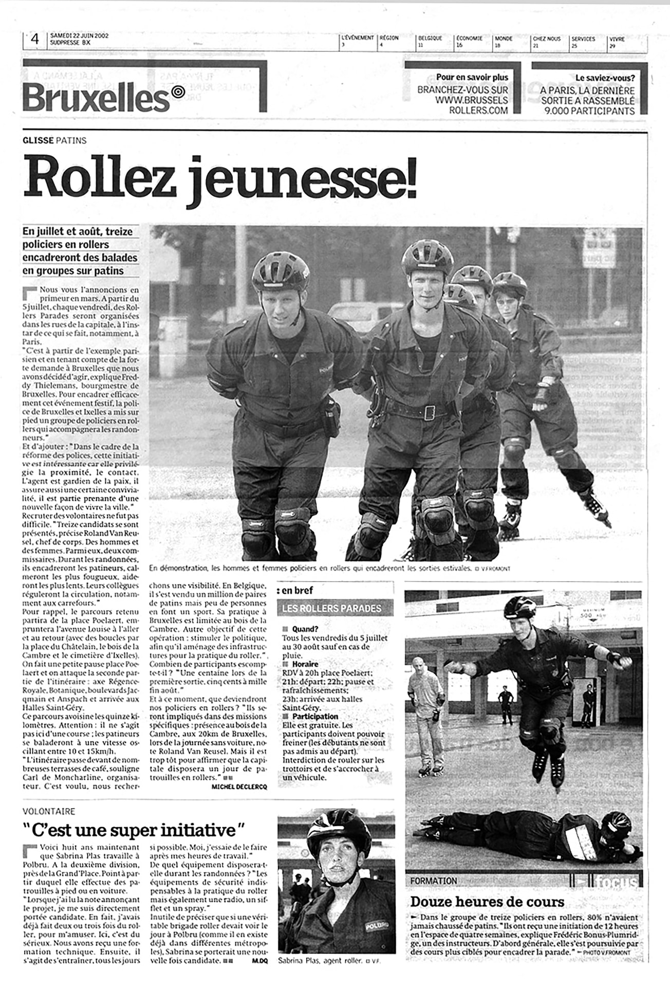 Press clipping, June 22, 2002. Several photographs show Brussels police officers training on skates and a portrait of officer Sabrina Plas. Credit: V. Fromont.