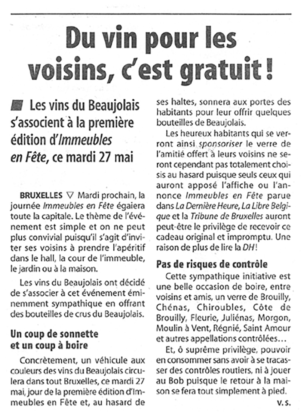 La Dernière Heure, 25 May 2003 — article "Du vin pour les voisins, c'est gratuit !".