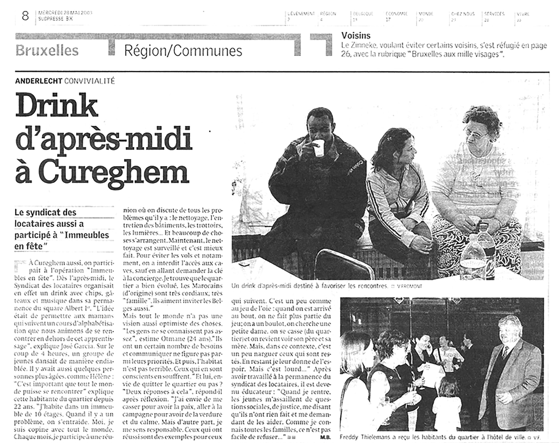 La Capitale, 28 May 2003. Printed captions: "An afternoon drink intended to encourage encounters" (photo V. Fromont) and "Freddy Thielemans received the neighbourhood's residents at the town hall" (photo V. F.).