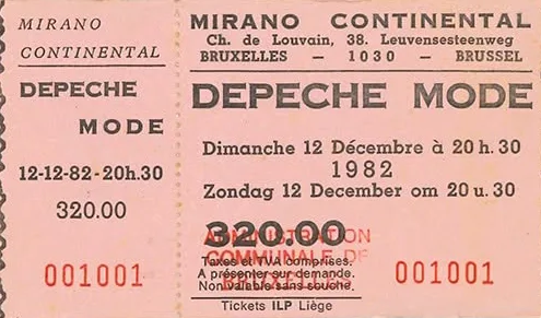 Ticket original du concert de Depeche Mode au Mirano Continental, dimanche 12 décembre 1982 à 20 h 30, porte n° 1, prix : 320 francs belges. Série 001001, tickets non numérotés, « Tickets ILP Liège ».