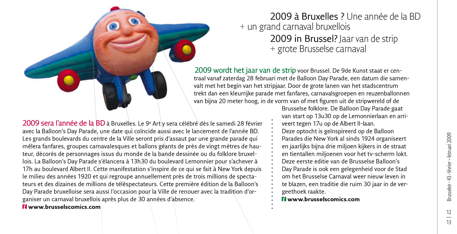 Brusseleir n° 43, février 2009, pages 12–13. Article bilingue français-néerlandais annonçant la première Balloon’s Day Parade. Crédit illustration : DR.