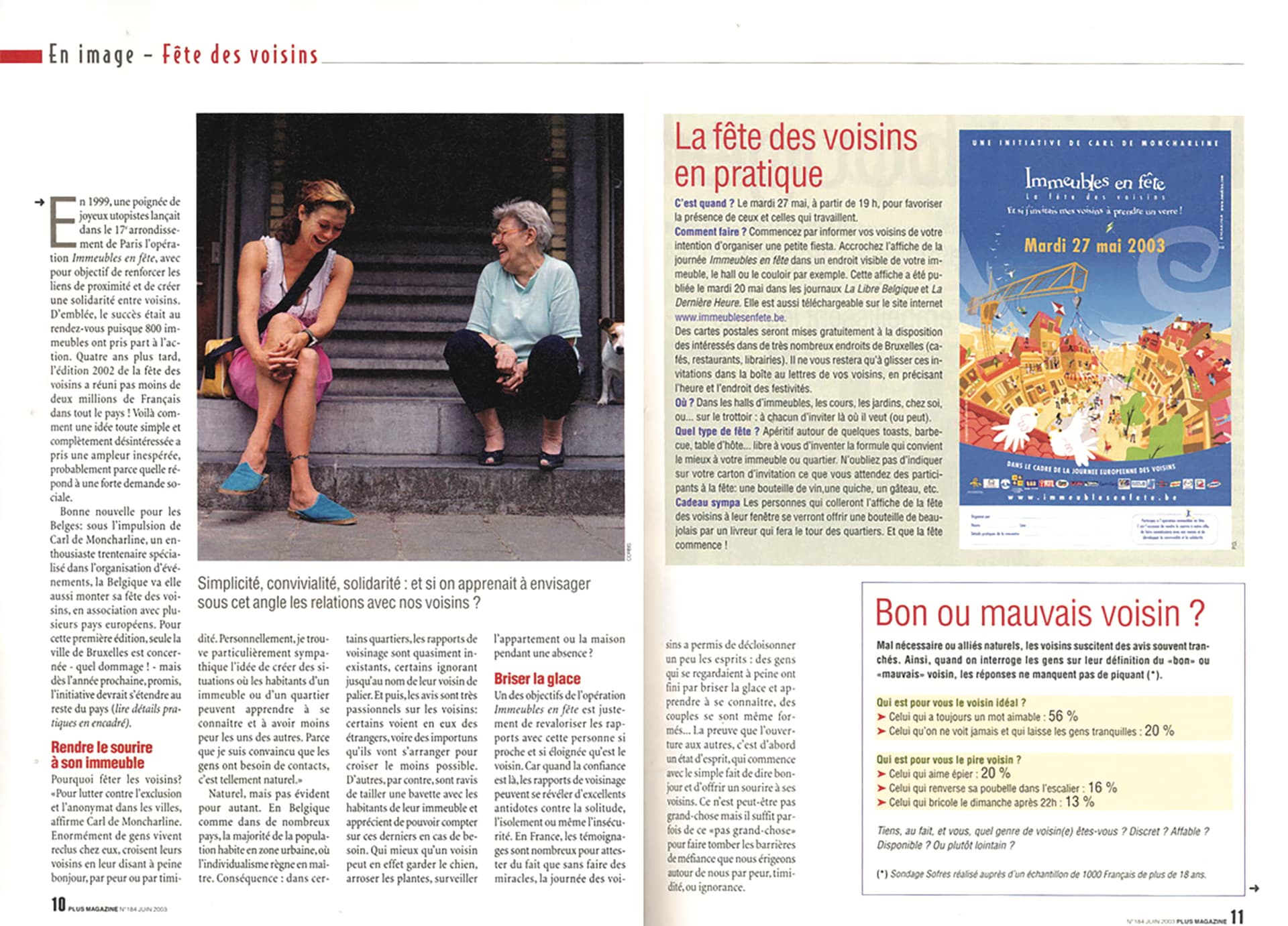 Page 5 / 7 — pages 10-11, the main article quoting Carl De Moncharline, the box "Neighbours' day in practice", the poster "An initiative by Carl De Moncharline" and the box "Good or bad neighbour?".