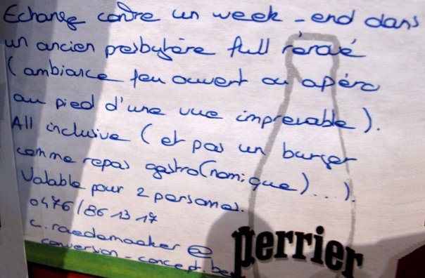 Post-it de proposition de troc, Art Truc Troc, Bozar, Bruxelles, le 31 janvier 2009.