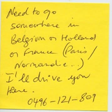 Post-it de proposition de troc, Truc Troc Exhibition 2004, Bozar, Bruxelles, le 16 octobre 2004.