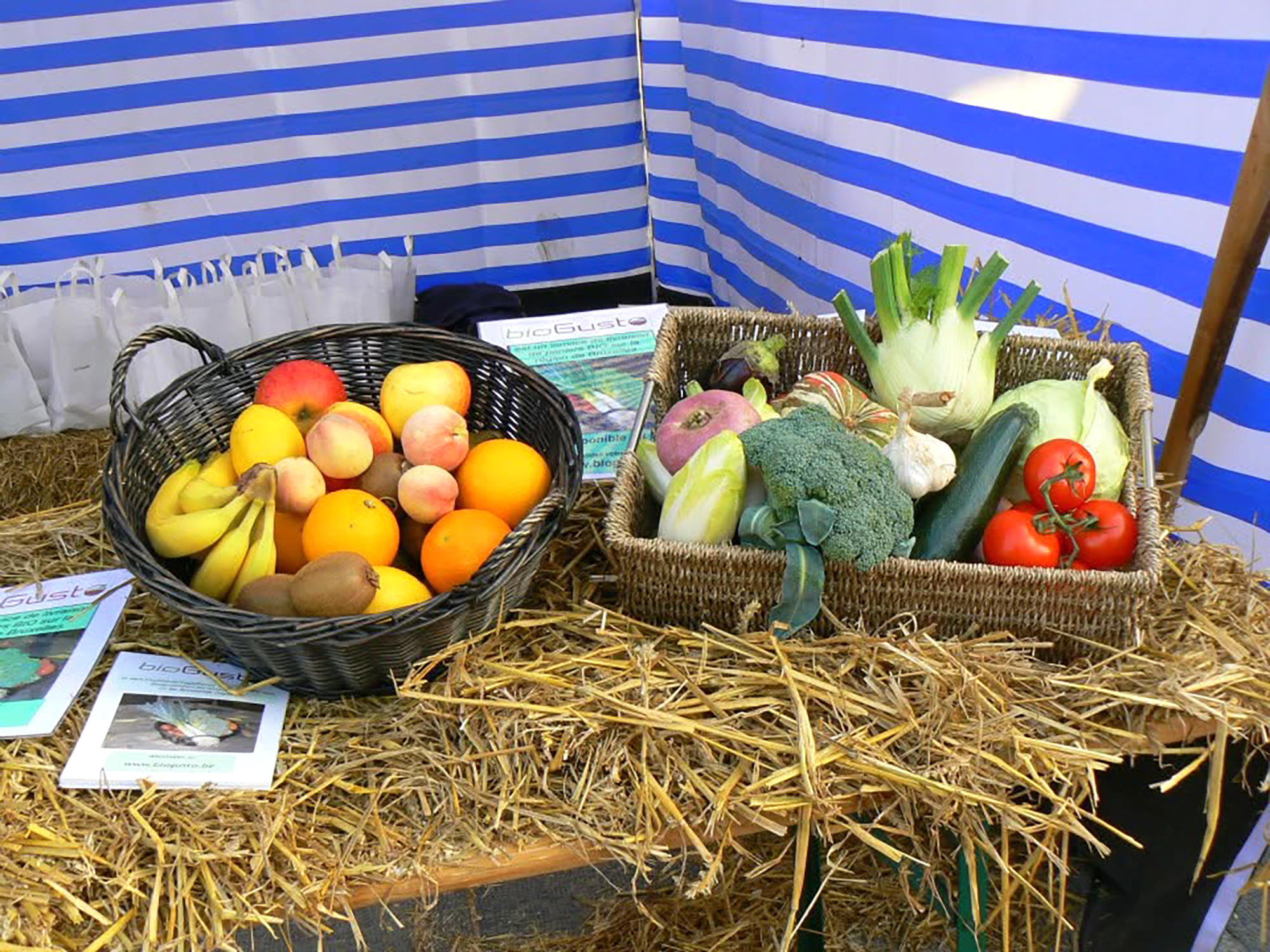 Paniers de fruits et de légumes bio présentés sur la paille, au marché des producteurs.