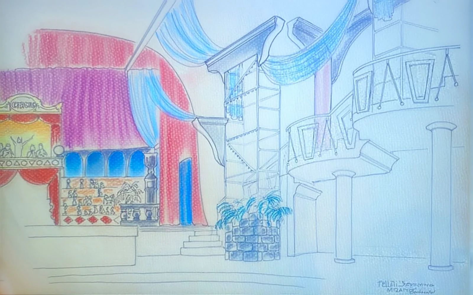 Lay-out d'Aldo Gigli pour le Mirano Continental, crayons de couleur sur papier grain, format horizontal, signé en bas à droite « Fellini Serenata, Mirano ». À gauche, une baraque foraine peinte de rouge et d'or, ses figurines alignées sous une frise d'arcades bleues ; au centre, de hauts rideaux magenta et rouge tombent depuis les cintres, croisés de voiles bleus tendus en travers de l'espace. À droite, des façades dessinées au trait, un balcon incurvé, des lanternes suspendues et des colonnes de plâtre ferment la perspective ; des palmiers en bac de pierre marquent le passage vers l'escalier. Le décor cite ouvertement les places de cinéma de Federico Fellini : la piste de danse devient un décor de tournage grandeur nature.